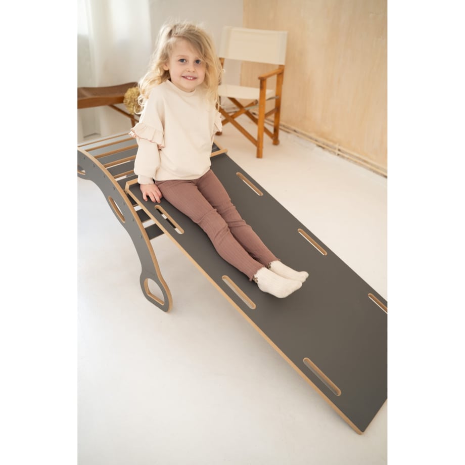 DUŻY bujak montessori z uchwytami + DUŻA zjeżdżalnia CHMURKI - szary