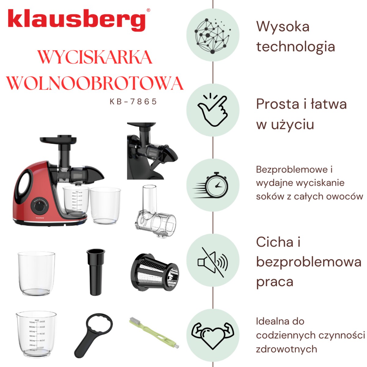Sokowirówka wolnoobrotowa 150W do owoców i warzyw COLD PRESS KLAUSBERG KB-7865