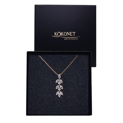 Złoty naszyjnik do głębokich dekoltów podłużny wysmuklający z listkami