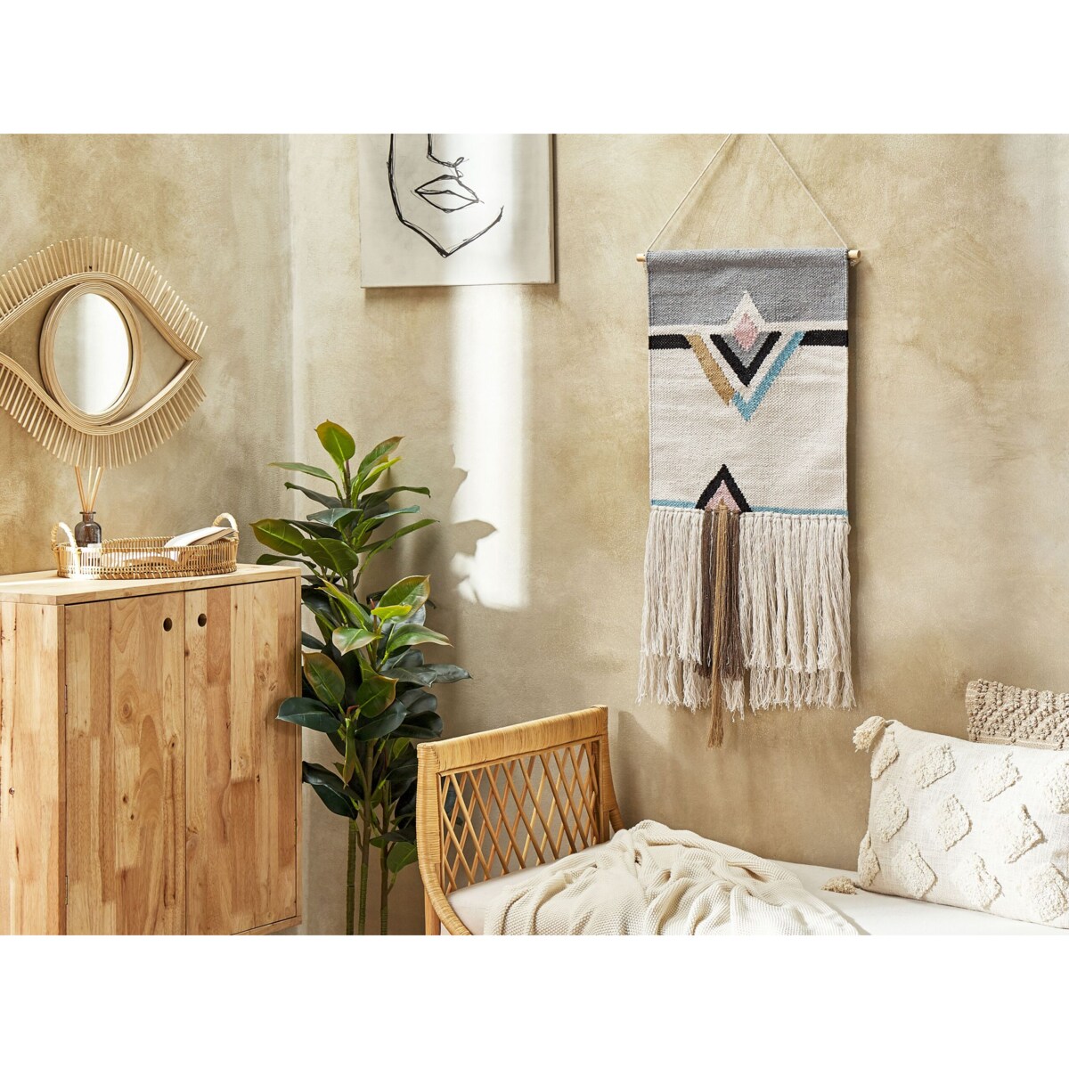 Dekoracja ścienna z frędzlami bawełniana beżowa KABIRWALA