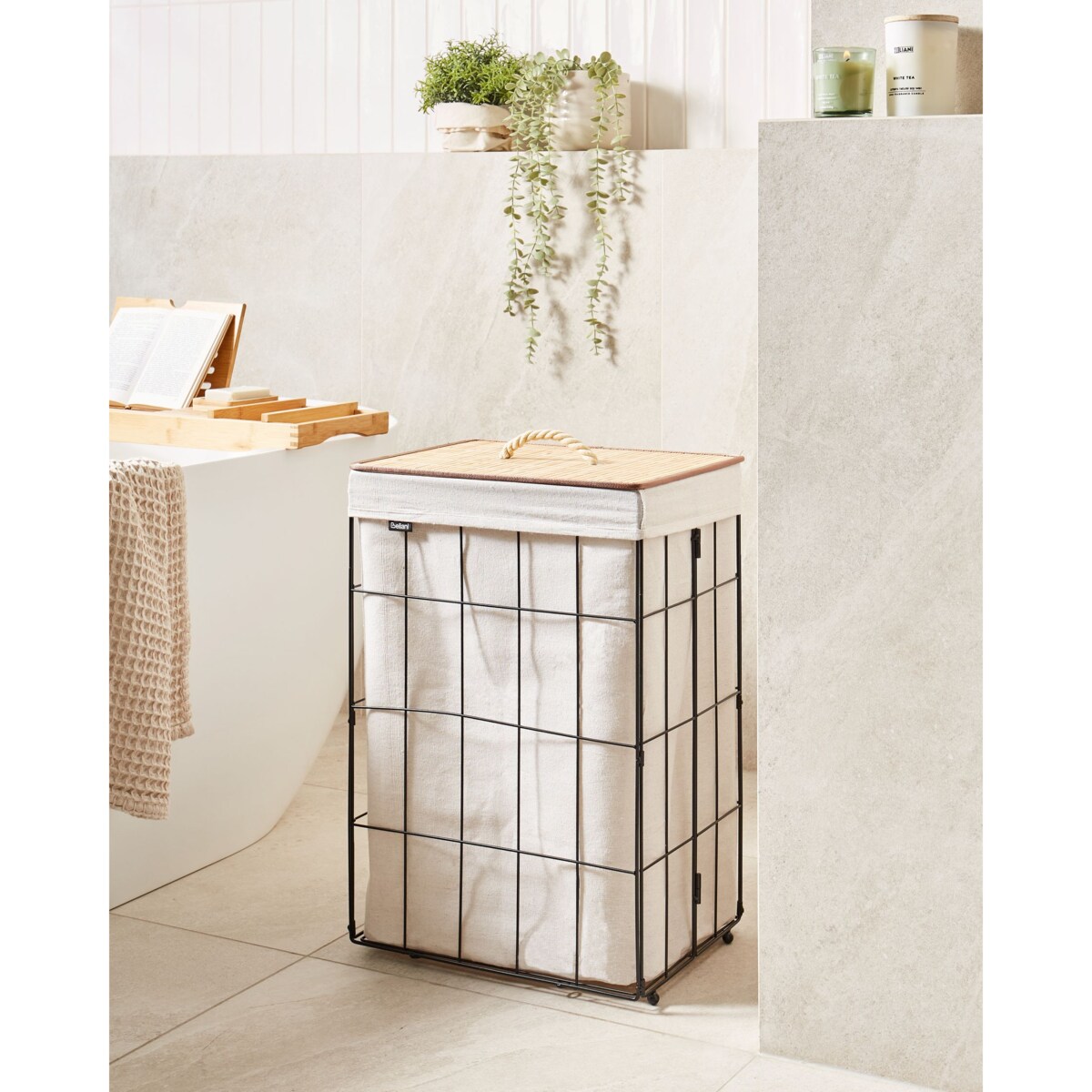 Kosz metalowy z bambusową pokrywą czarny MIRISSA