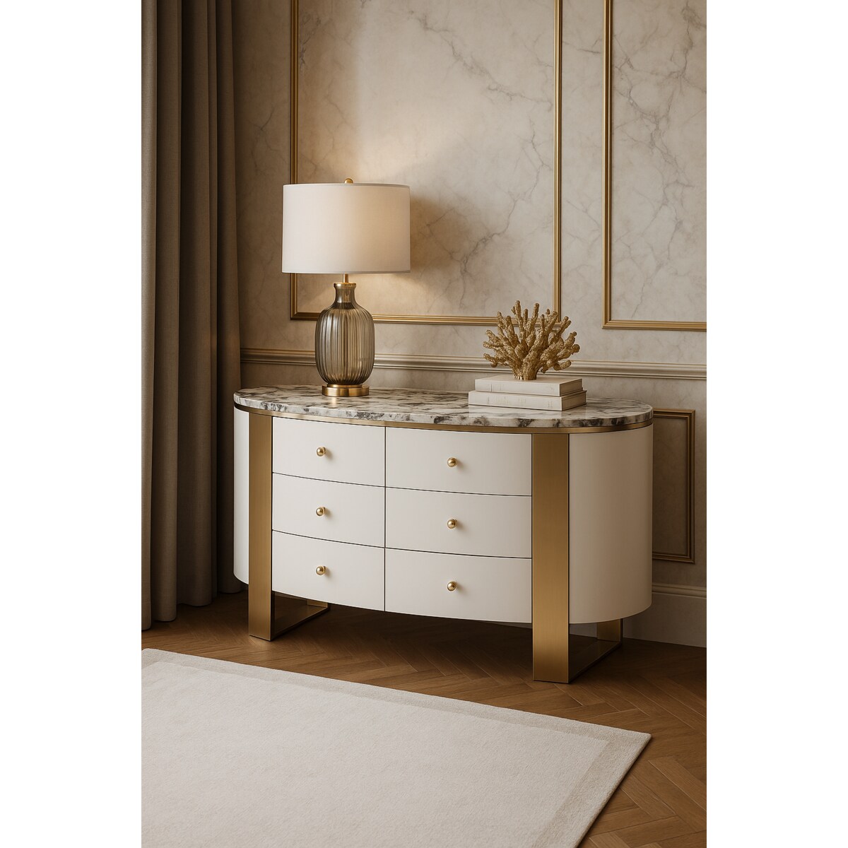 Komoda biała Sofia na złotych nogach z kamiennym blatem 140x40x85