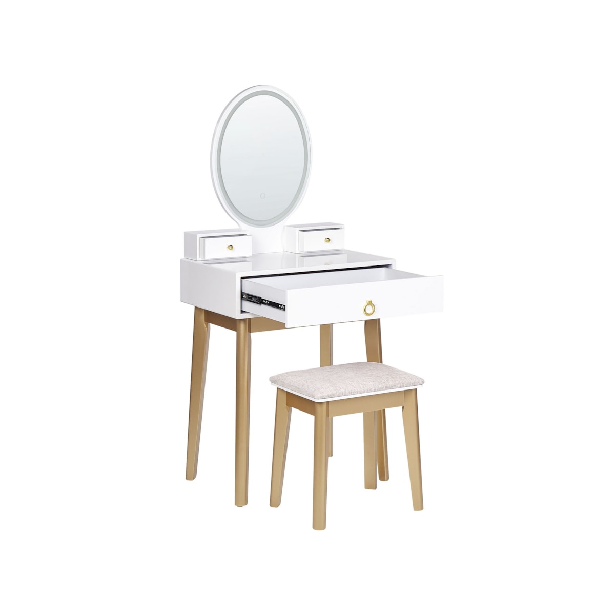 Toaletka 3 szuflady lustro LED ze stołkiem biało-złota ROSEY