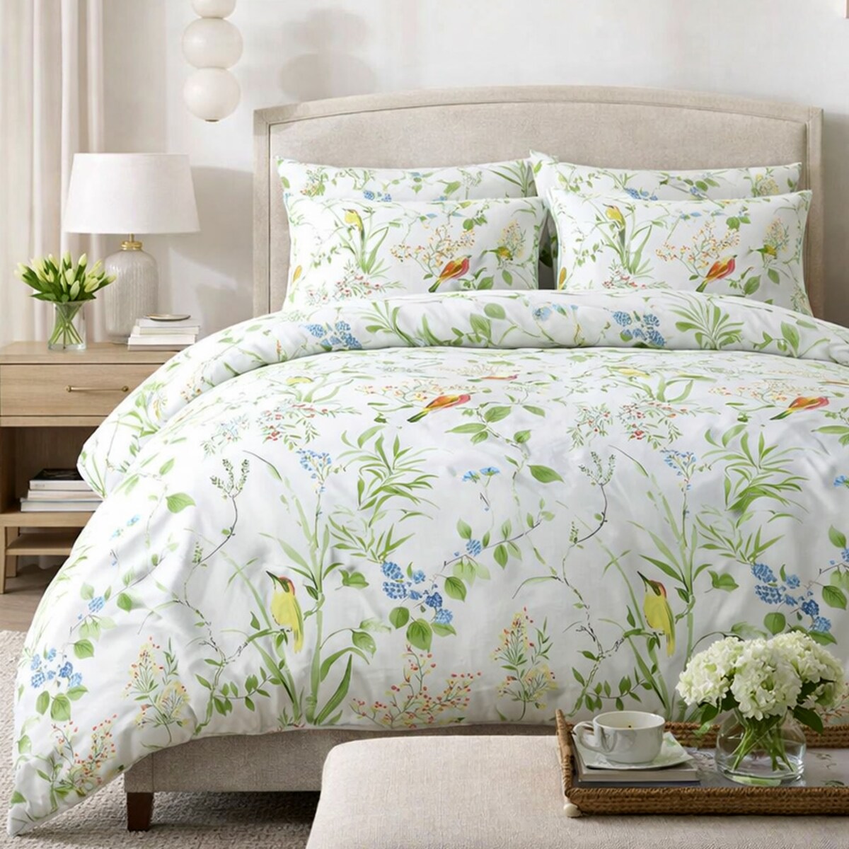 Pościel bawełniana 140x200 Verdelia biała w zielone kwiaty i kolorowe ptaki, Cottonlove