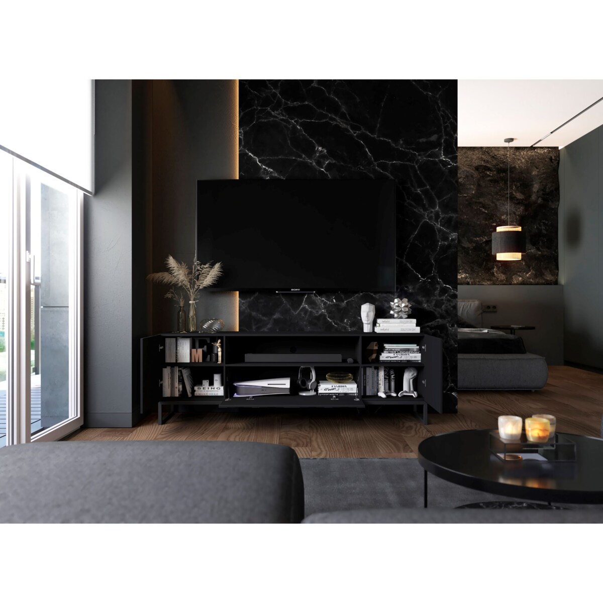 Nowoczesna Komoda RTV Szafka RTV Czarny Mat Glamour Ryflowane fronty Loft Rama 150 cm