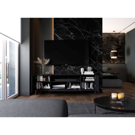 Nowoczesna Komoda RTV Szafka RTV Czarny Mat Glamour Ryflowane fronty Loft Rama 150 cm