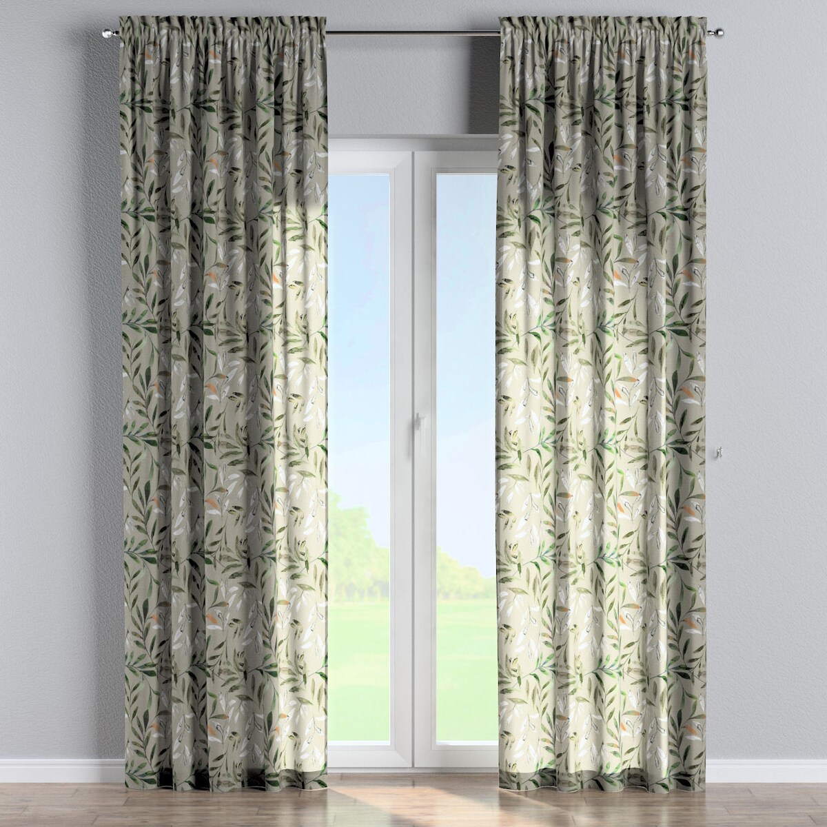 Zasłona na kanale z grzywką 1 szt. 130x260 zielone gałązki na szarym tle