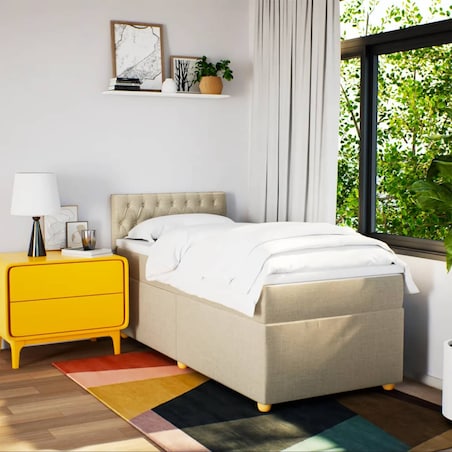 vidaXL Łóżko kontynentalne z materacem, kremowe, tkanina, 90x200 cm