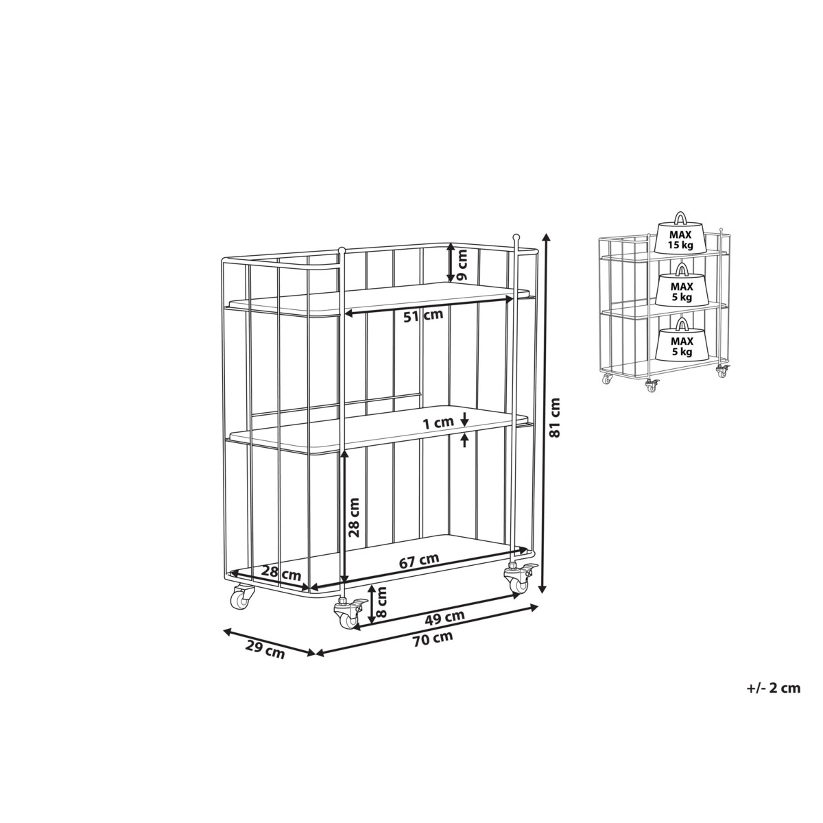 Metalowy wózek kuchenny 3-poziomowy jasne drewno z czarnym GABBS