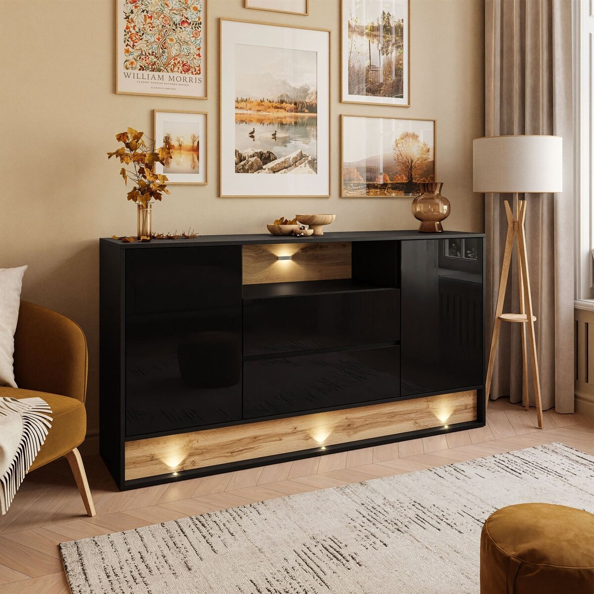 Komoda z szufladami VILLA z wstawką dąb wotan, czarny + dąb wotan