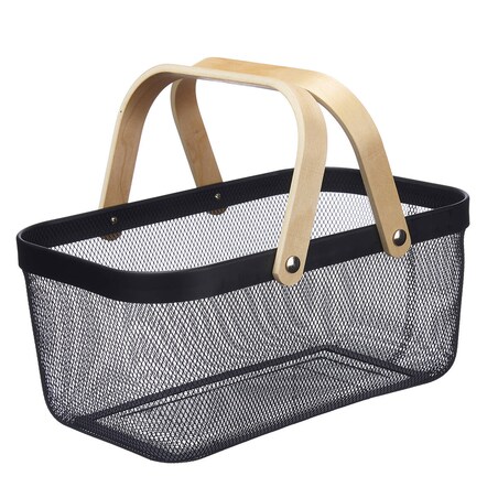 Kosz z czarnej siatki z drewnianym uchwytem