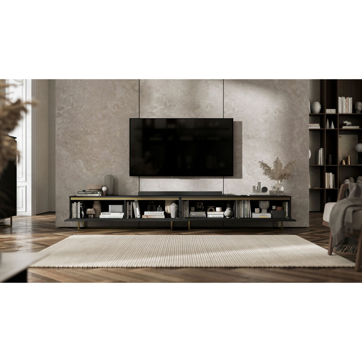 Nowoczesna Szafka RTV Glamour Komoda RTV Czarny Mat 280 cm złote akcenty