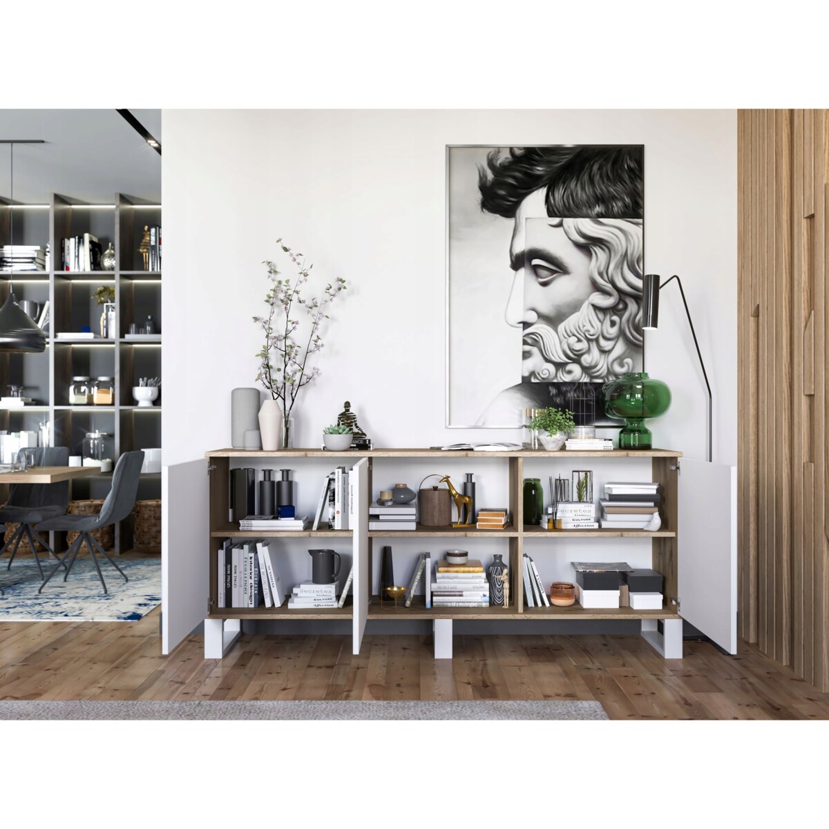 Komoda Loft Szafka RTV Industrialna Dąb Wotan Biały MAT 168 cm