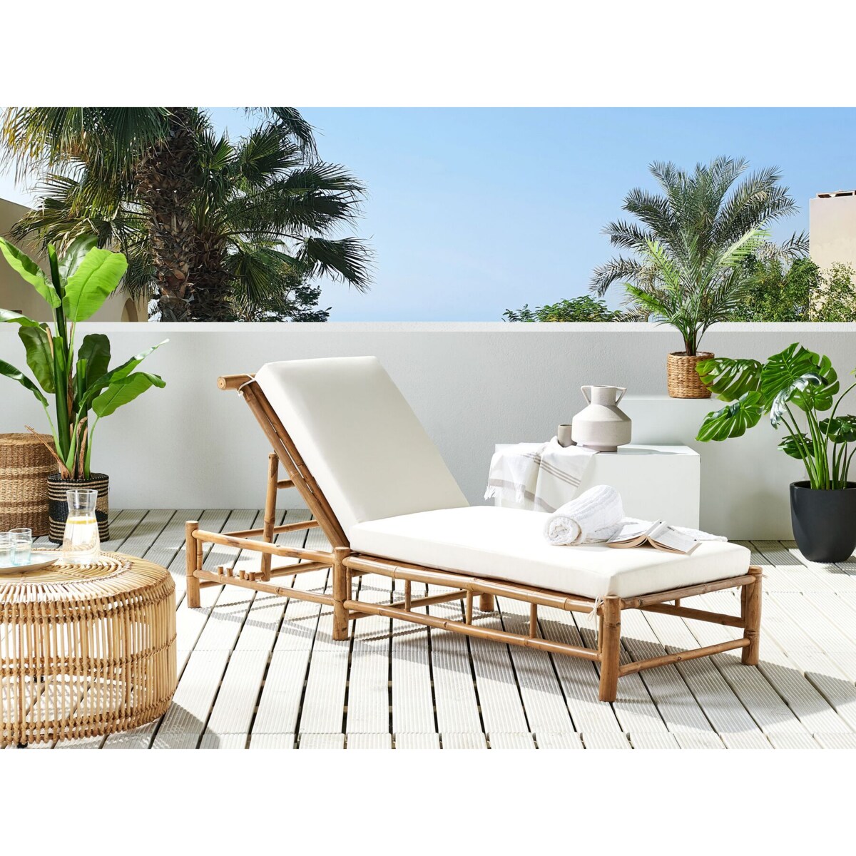 Leżak ogrodowy bambusowy jasne drewno z białym LIGURE