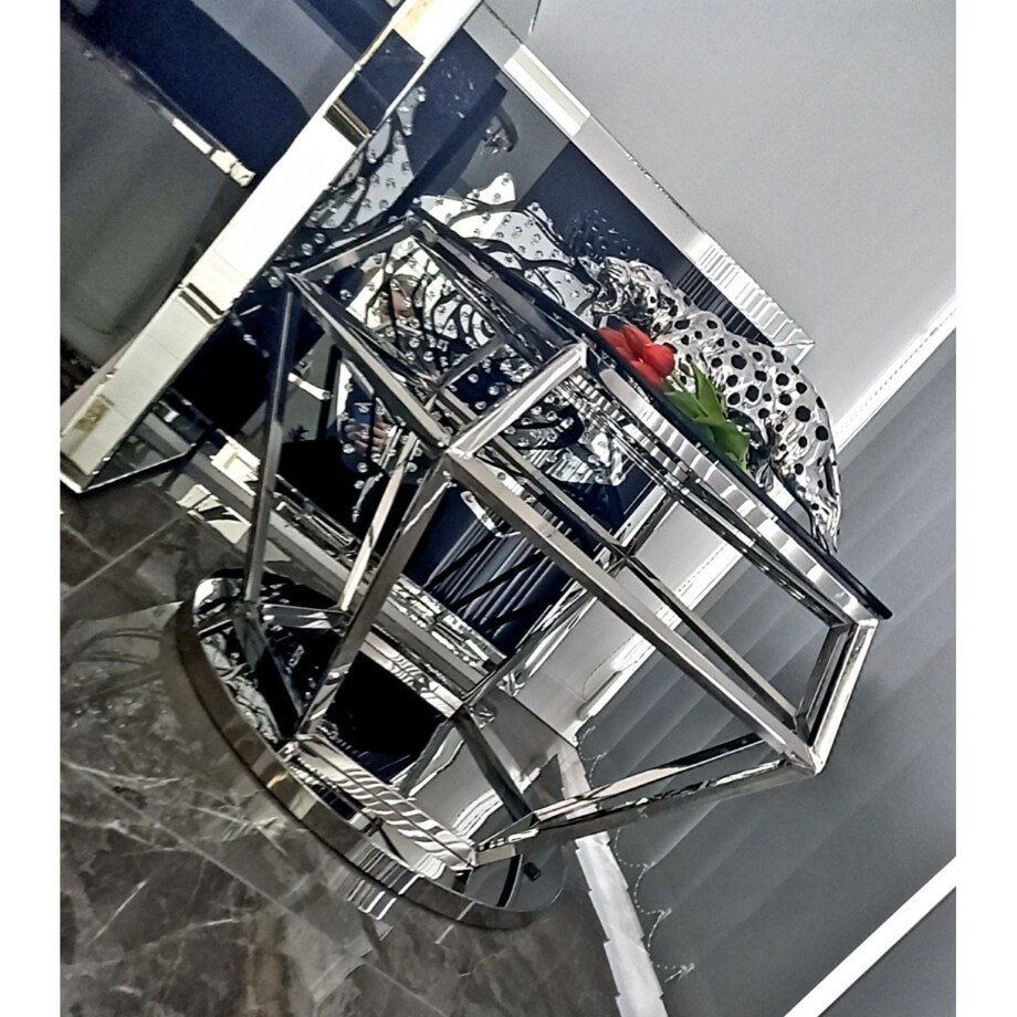 Nowoczesny srebrny stolik kawowy / ława w kształcie diamentu z szybą czarną 80x80x50