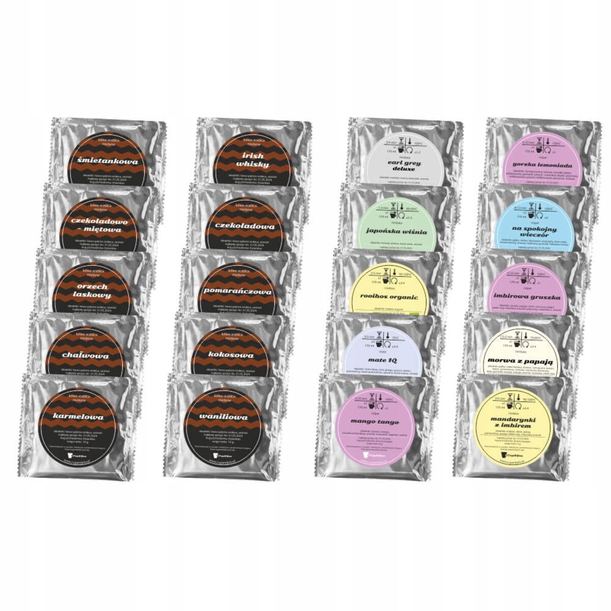 ZESTAW KAW MIELONYCH I HERBAT SYPANYCH "POLECANE CUP&YOU" - MIX 20 RÓŻNYCH SMAKÓW W SASZETKACH NA PREZENT UPOMINEK DLA KOBIETY FACETA MĘŻCZYZNY NIEJ NIEGO