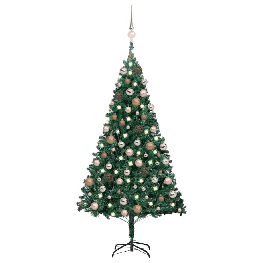 vidaXL Sztuczna choinka z lampkami i bombkami, zielona, 180 cm, PVC