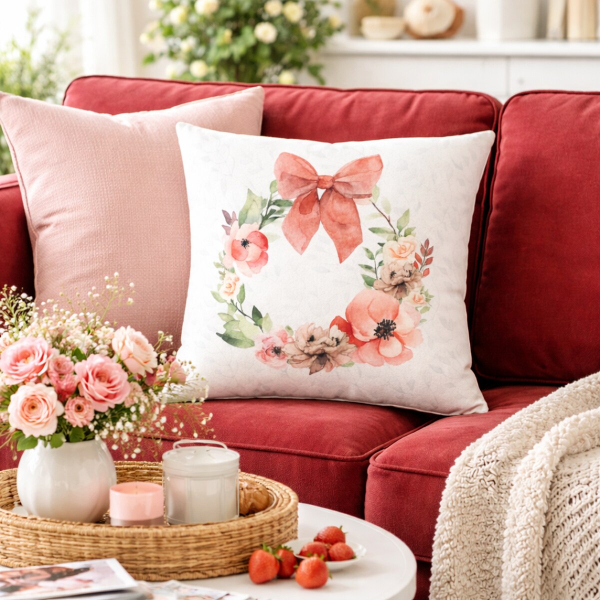 Poszewka welurowa wianek 45x45 z motywem kwiatowym