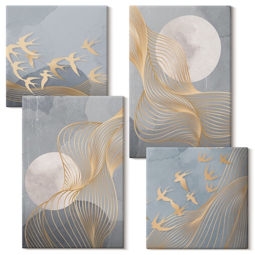 Zestaw 4 obrazów na płótnie - Abstrakcyjne fale okręgi szarość - szary