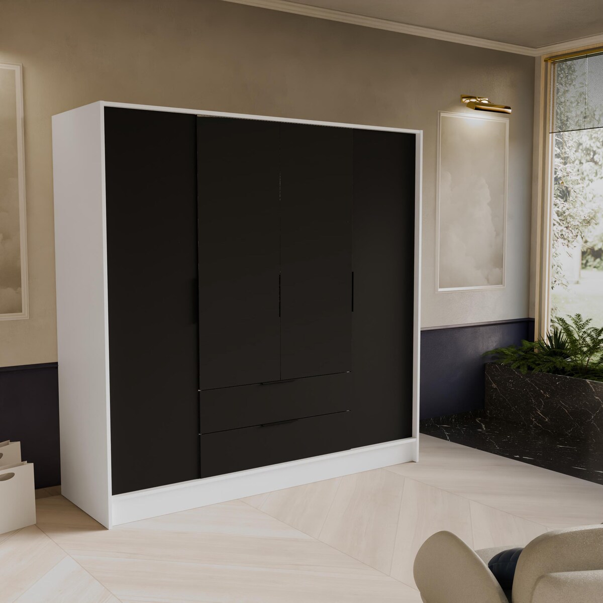 Szafa NIKOLA 200 z regulowanymi półkami do pokoju-biała+czarny front