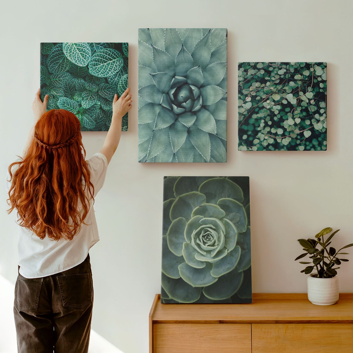 Zestaw 4 obrazów na płótnie - Sukulenty w zieleni i turkusie - zielony
