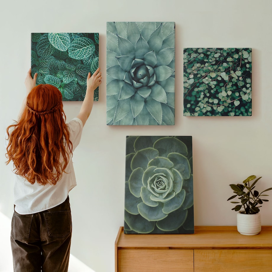 Zestaw 4 obrazów na płótnie - Sukulenty w zieleni i turkusie - zielony