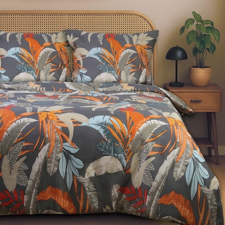 Pościel satyna bawełniana 140x200 Tropenza tropikalne liście na szarym tle, Satynlove