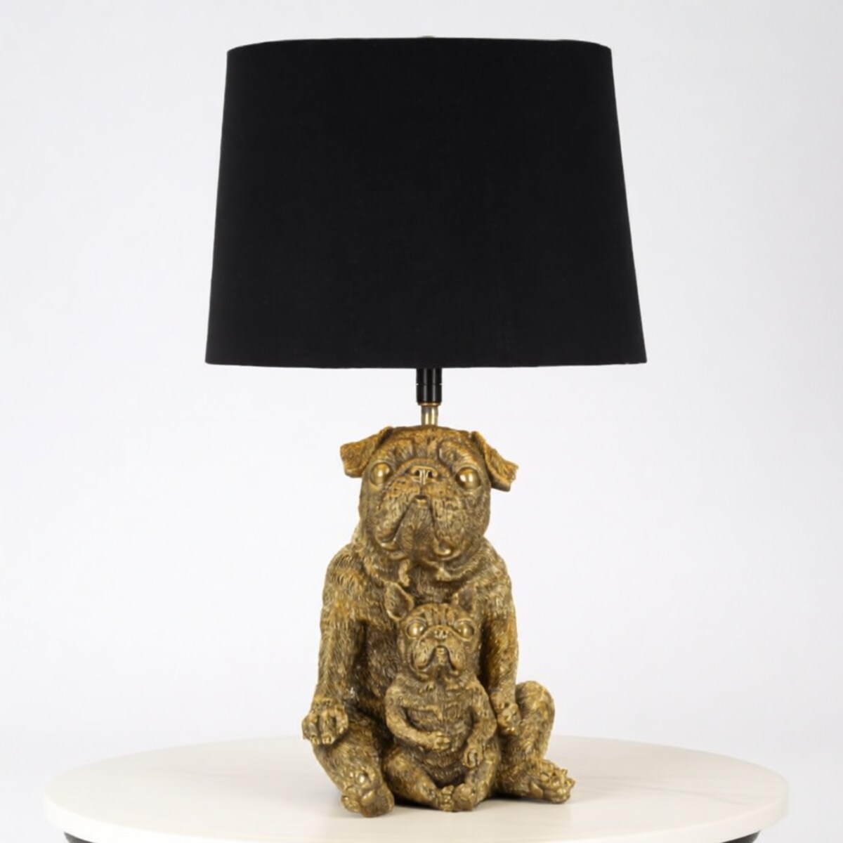 Lampa stołowa Dog, kolor złoty i czarny, żywica syntetyczna, żelazo i tkanina, 26 x 26 x 43,8 cm, 1 x E27, max. 40 W, motyw: pies, Mauro Ferretti