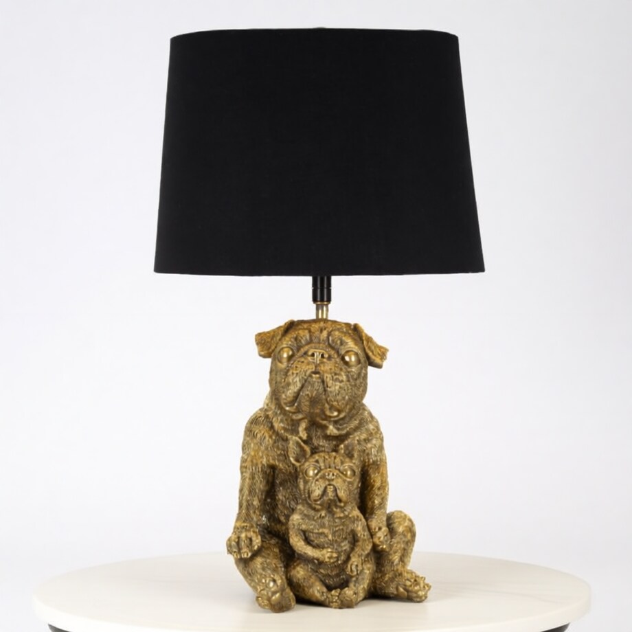 Lampa stołowa Dog, kolor złoty i czarny, żywica syntetyczna, żelazo i tkanina, 26 x 26 x 43,8 cm, 1 x E27, max. 40 W, motyw: pies, Mauro Ferretti