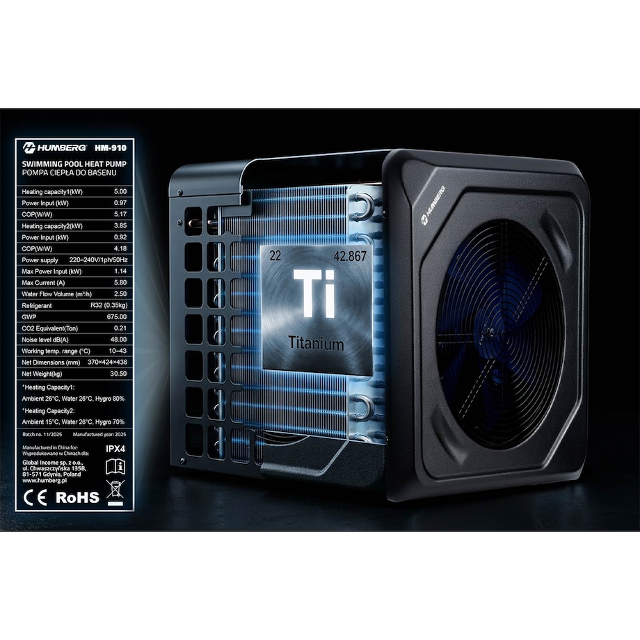 Pompa ciepła Humberg HM-910 do basenu podgrzewacz wody 5 kW oszczędny Eko