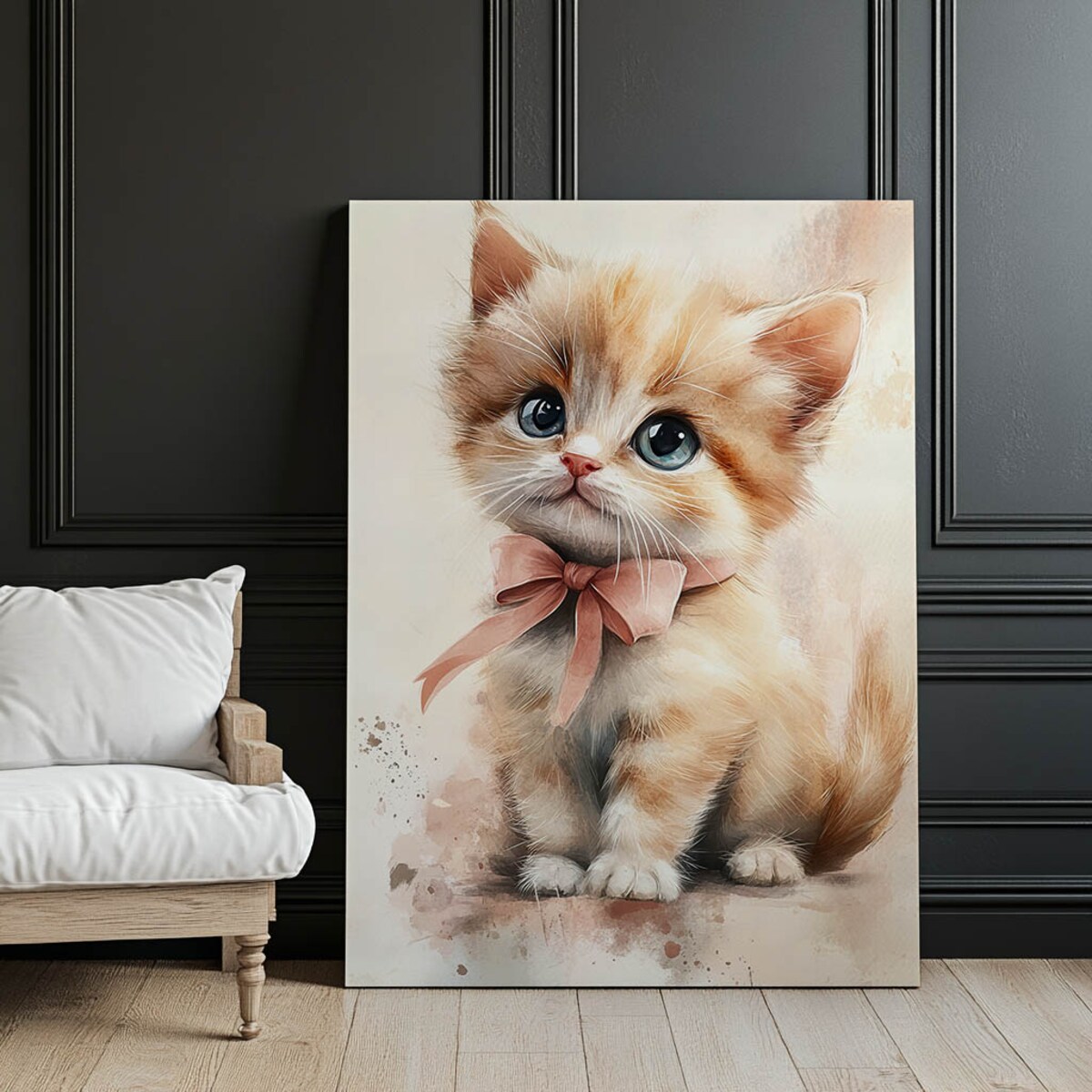 Uroczy kotek z różową kokardą, 50x70 cm, bez ramy, płótno premium na blejtramie