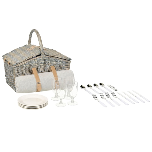 Kosz piknikowy z wikliny dla 4 osób naturalny z szarym CANELE