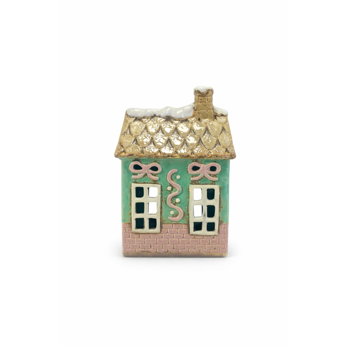 Ceramiczny domek na tea-lighty 17,5x11,5x8,5 cm SONAM z różowymi kokardkami