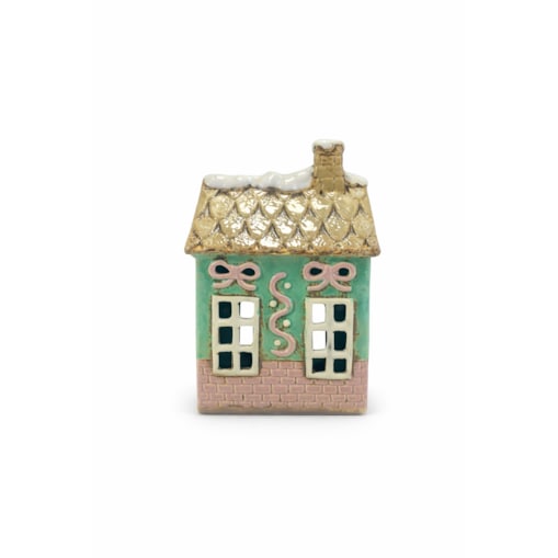 Ceramiczny domek na tea-lighty 17,5x11,5x8,5 cm SONAM z różowymi kokardkami