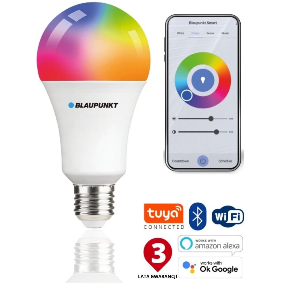 Żarówka E27-9W-SMART LED 9W 3000K-6500K kolorowa, Blaupunkt
