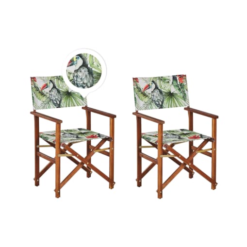 Zestaw 2 krzeseł ogrodowych akacjowy ciemne drewno z białym / wzór w tukany CINE