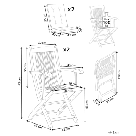 Zestaw 2 krzeseł ogrodowych z poduszkami MAUI PREMIUM Drewno akacjowe Szary