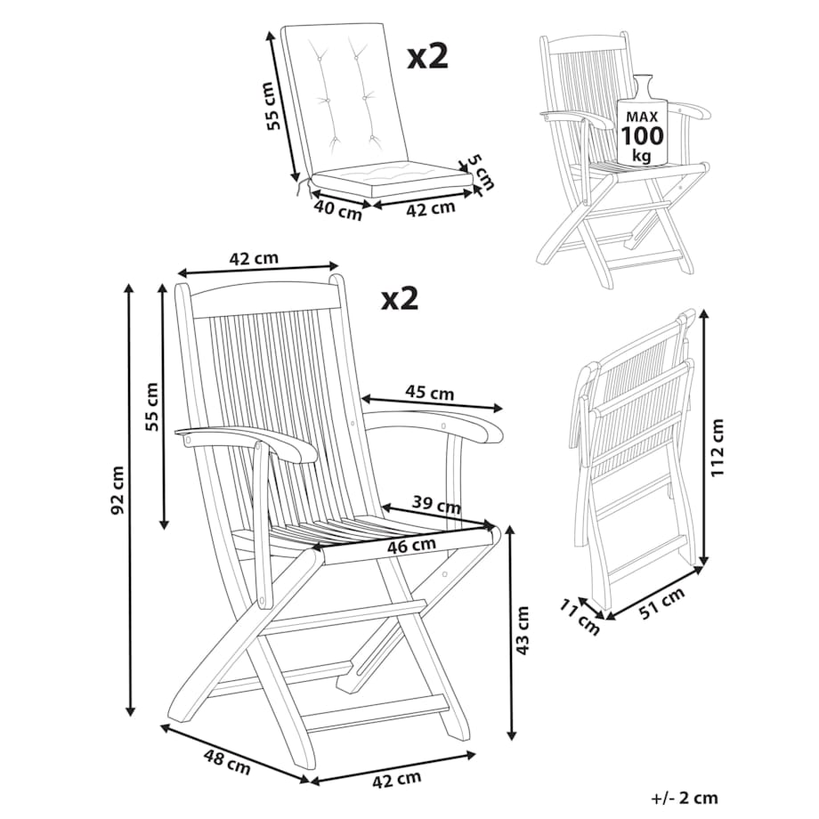 Zestaw 2 krzeseł ogrodowych z poduszkami MAUI PREMIUM Drewno akacjowe Szary
