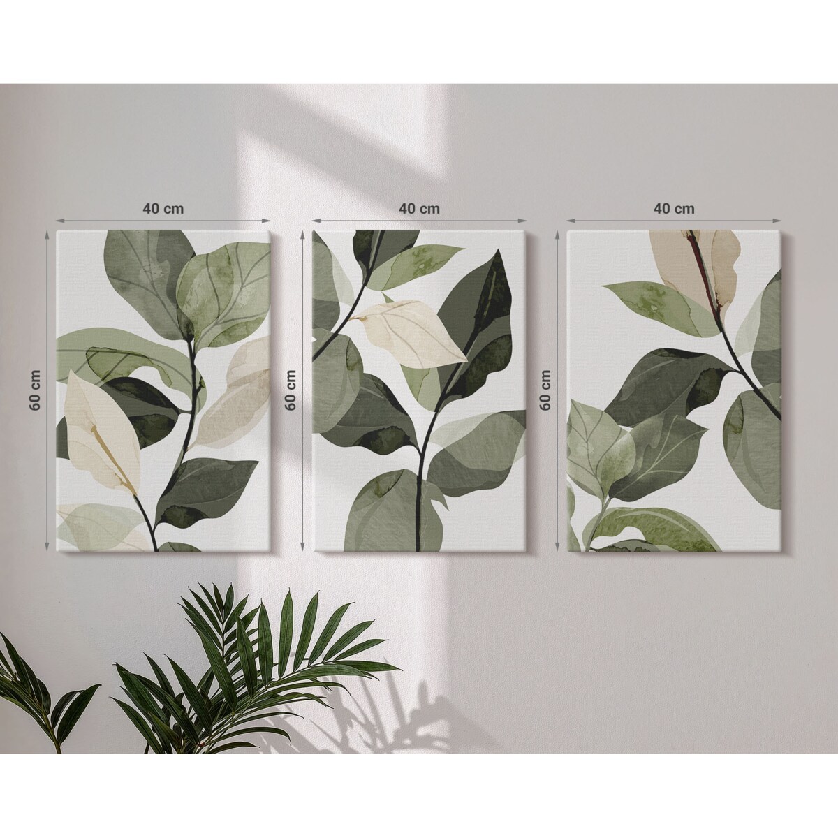 Zestaw 3 dużych obrazów na płótnie - Malowane liście roślin boho boho - zielony