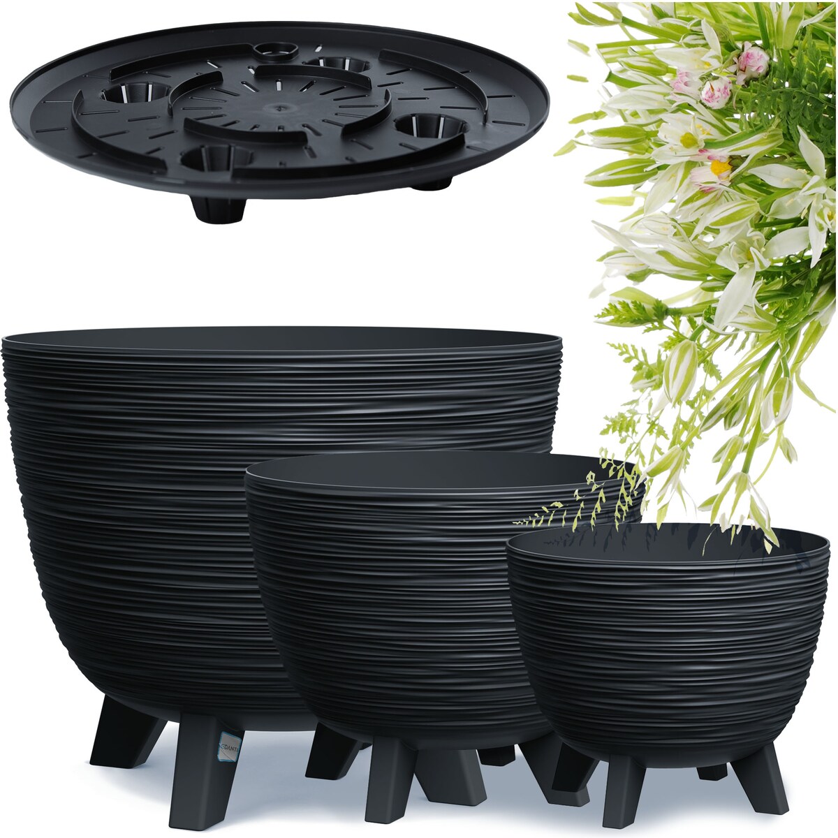 3X Donica Na Kwiaty Zestaw 23,6/29/39,5 Cm Na Nóżkach Doniczka Misa Do Domu Ogrodu