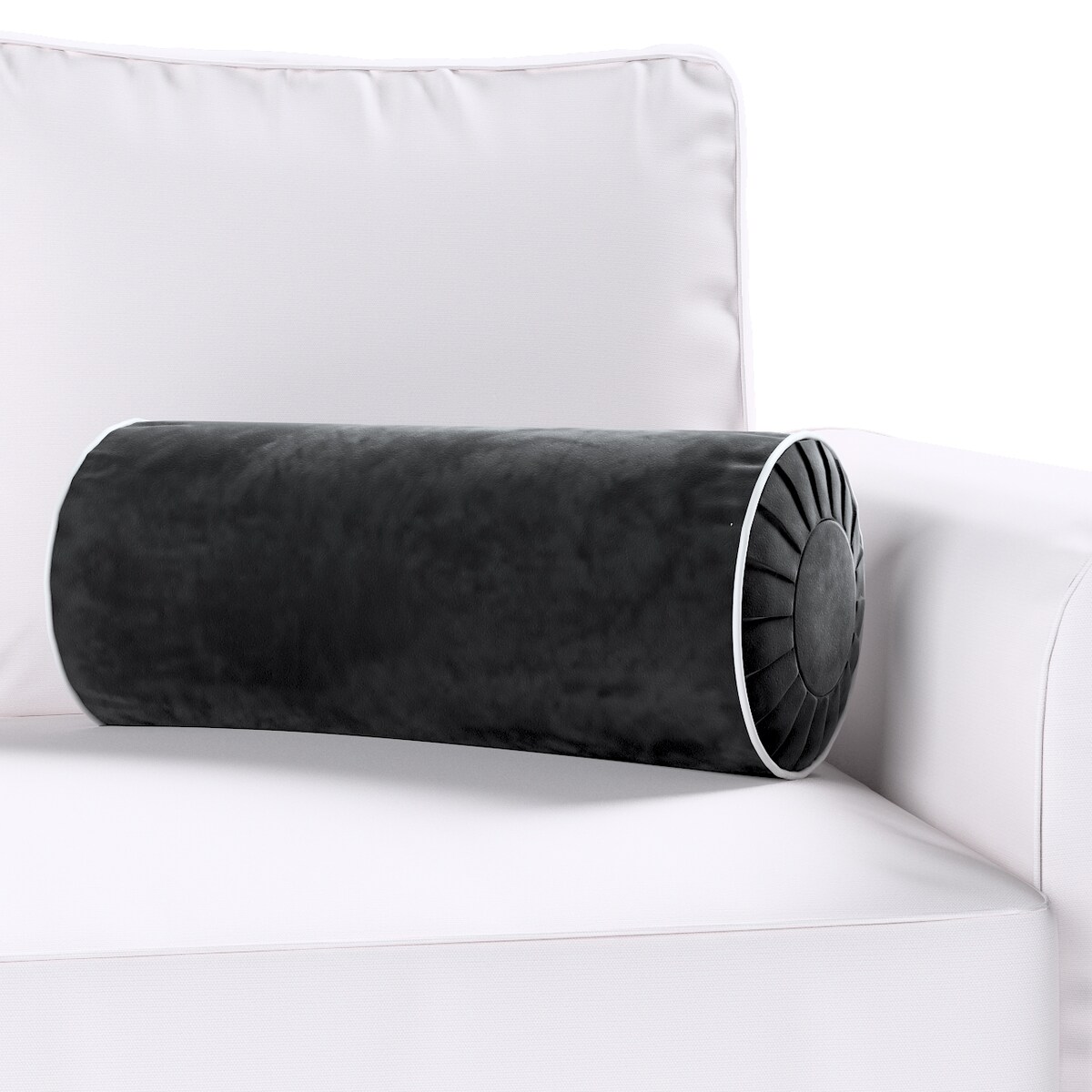 Poduszka wałek z zakładkami z lamówką, głęboka czerń, Ø20 x 50 cm, Velvet