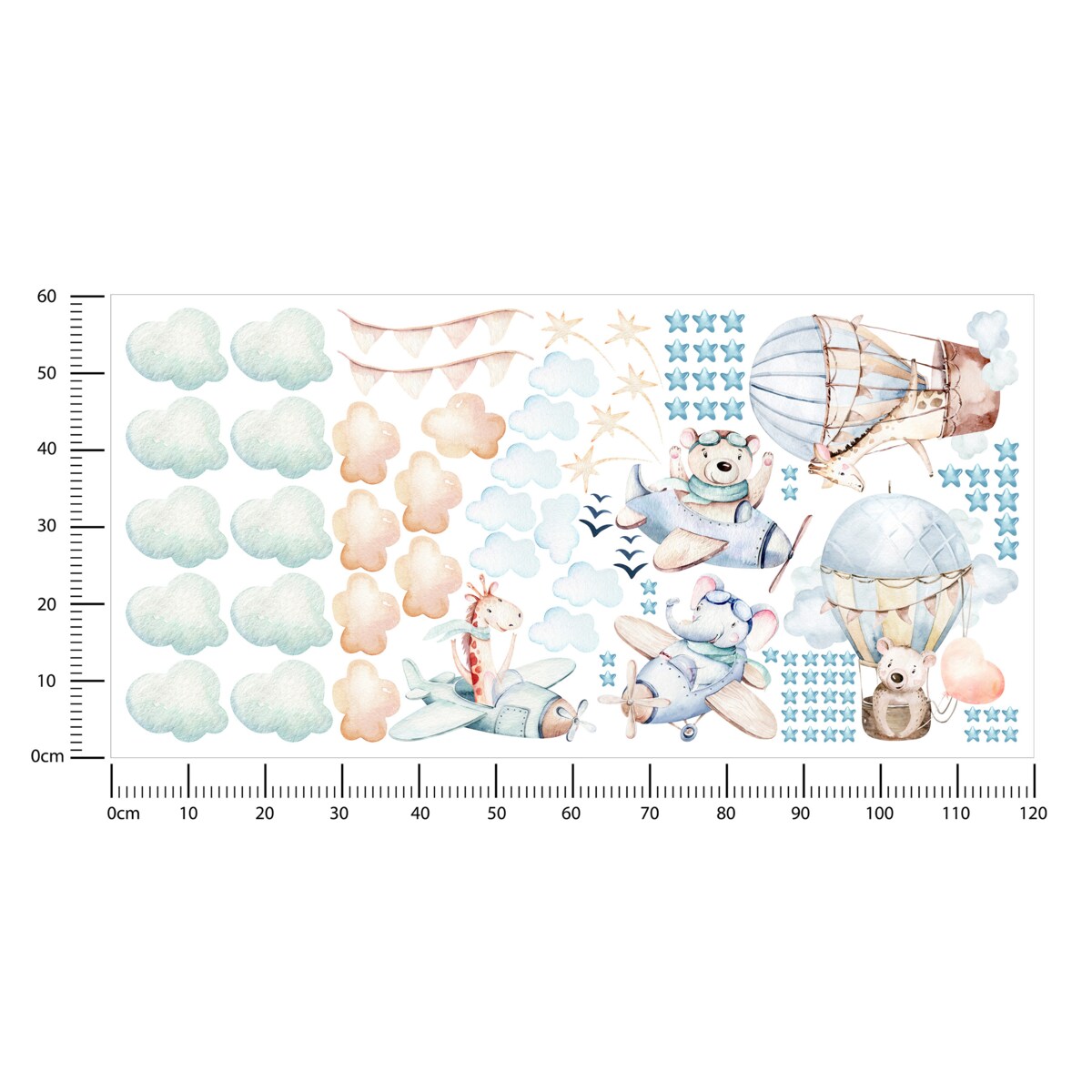 Naklejki Dla Dzieci Zwierzątka Misie Żyrafy Balony Chmurki Gwiazdy ZESTAW 120x60cm