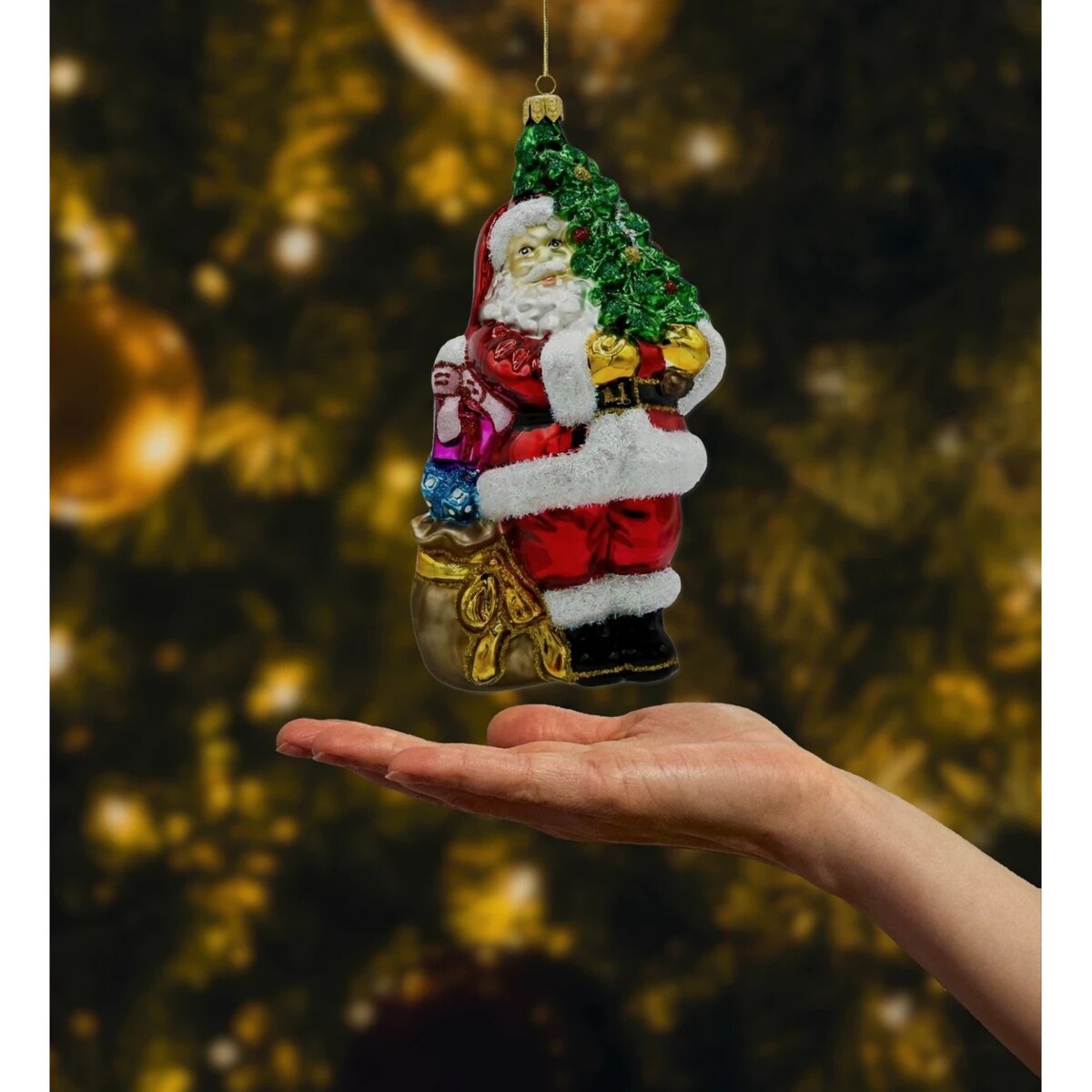 Bombka choinkowa - Święty Mikołaj z ciemnozieloną choinką