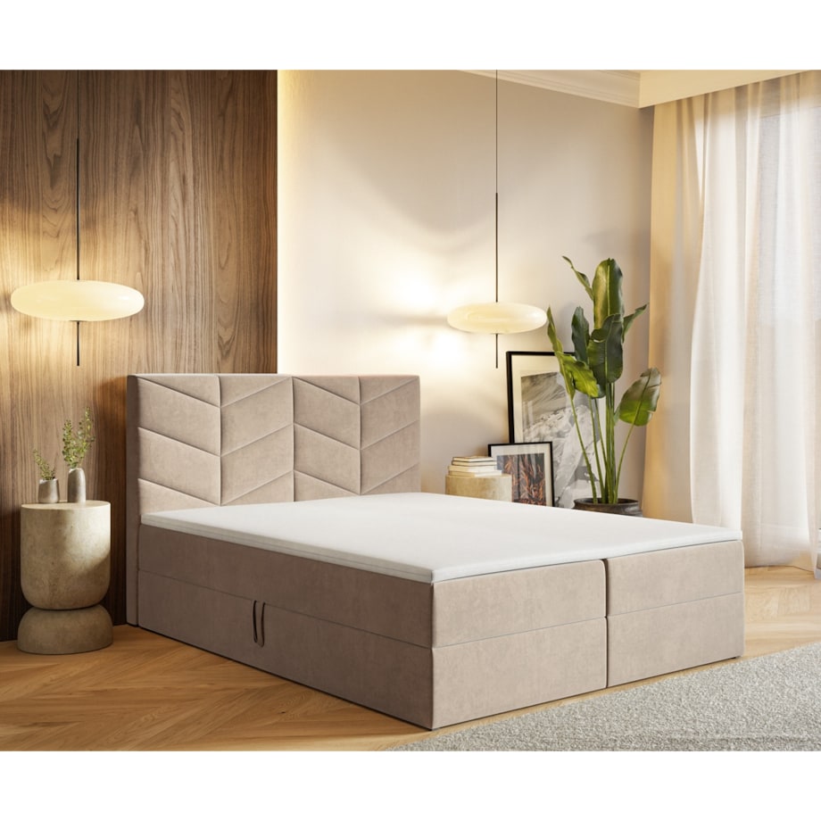 Łóżko kontynentalne G3 do sypialni 160x200 z pojemnikiem i materacem-beżowe