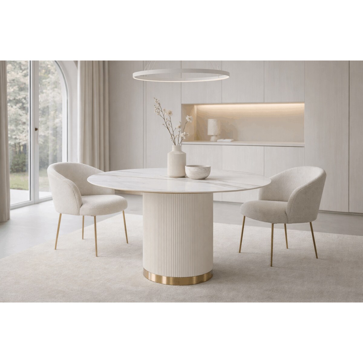 Okrągły stół glamour ryflowany Luna Ecru z marmurem 120x120x75