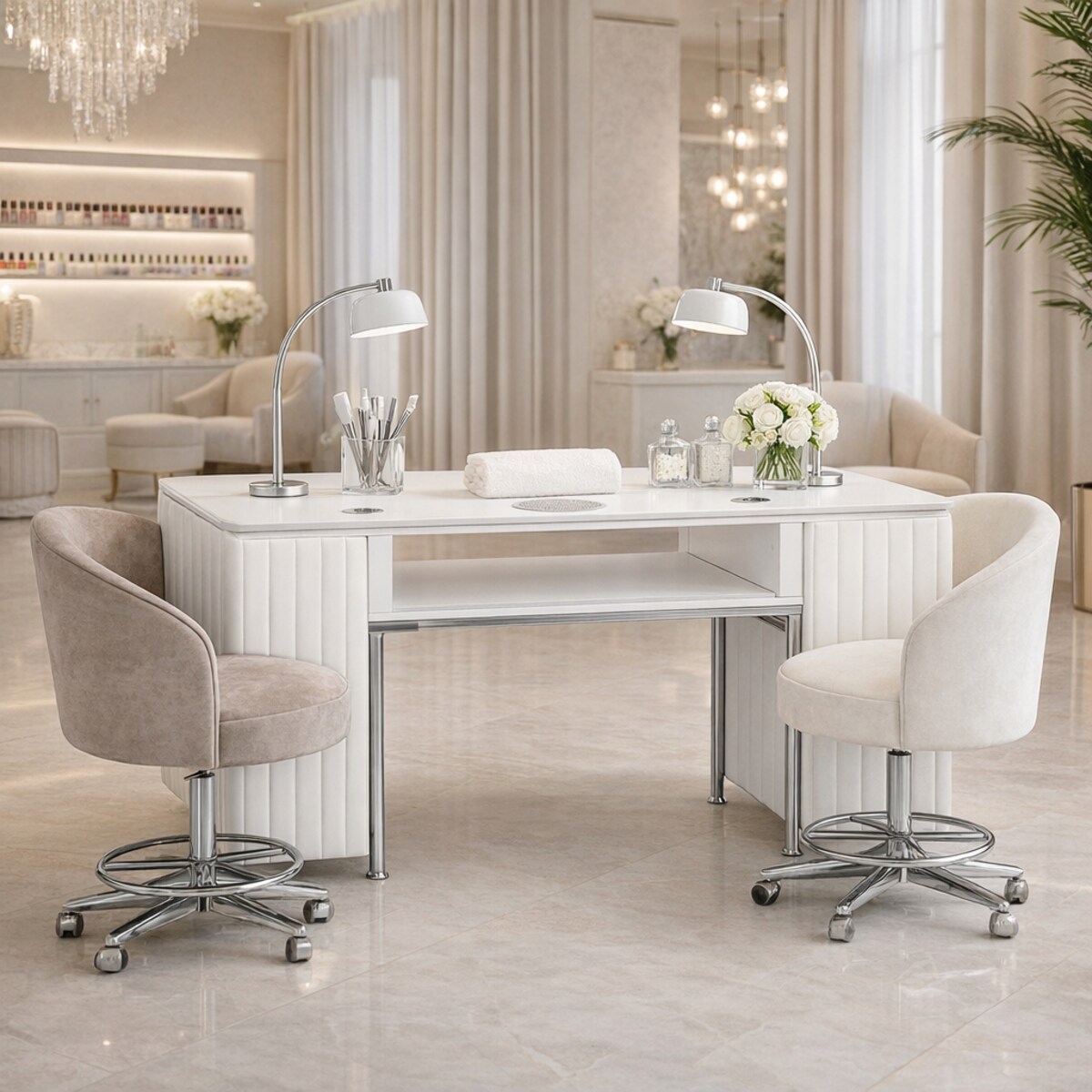 Biurko kosmetyczne z otworem na pochłaniacz biało-srebrne 130 x 45 x 78 AFINIS