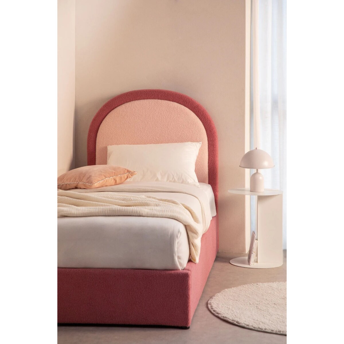Łóżko z pojemnikiem na pościel, bouclé, różowe Kalwa 90x200 cm