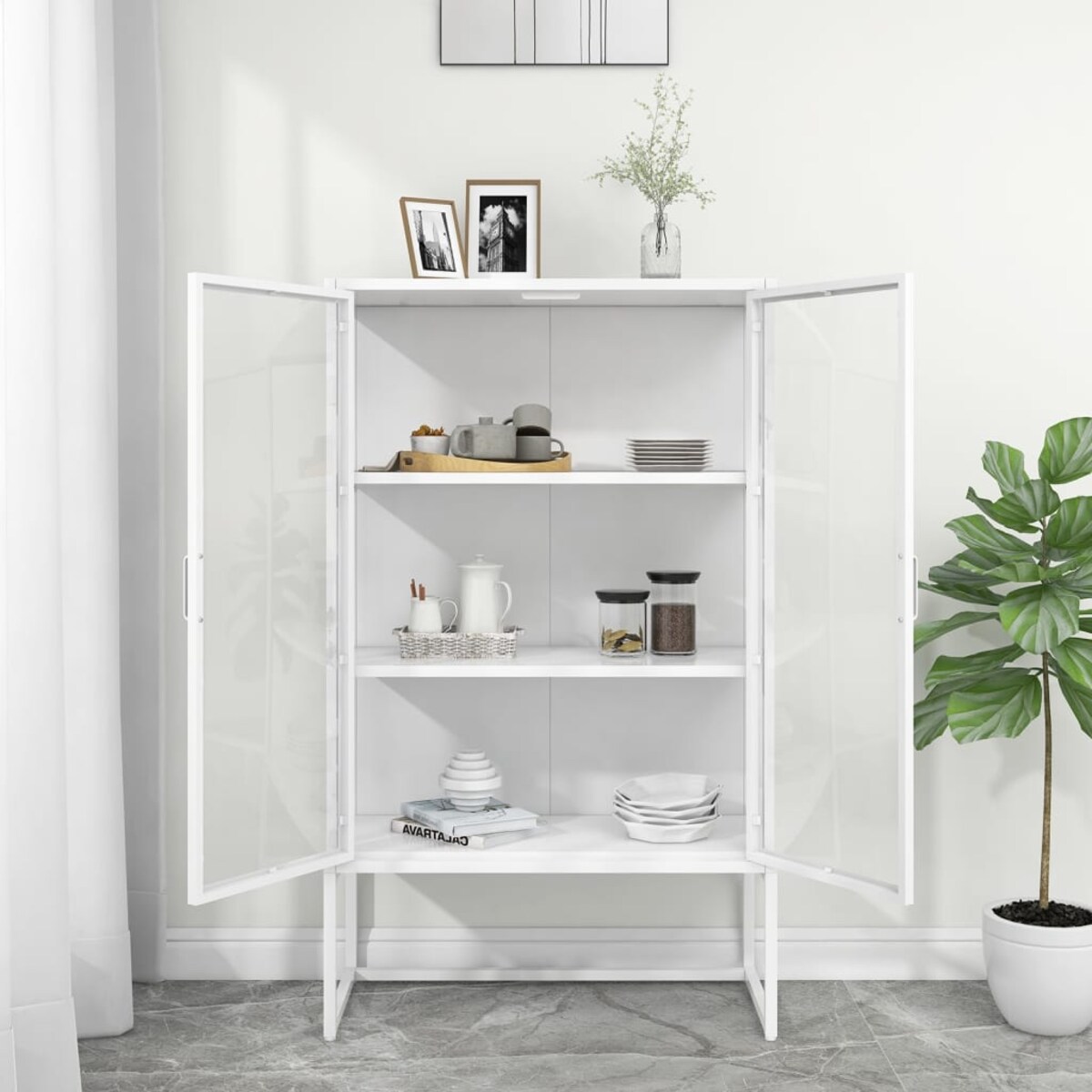 vidaXL Szafka, biała, 80x35x135 cm, stal i hartowane szkło