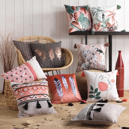 Poduszka dekoracyjna z frędzlami KENYA, bawełniana, 45 x 45 cm, wzór etniczny