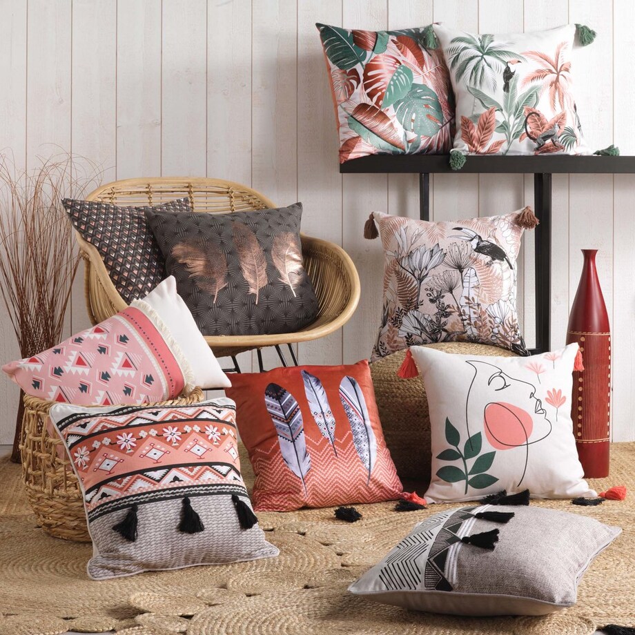 Poduszka dekoracyjna z frędzlami KENYA, bawełniana, 45 x 45 cm, wzór etniczny